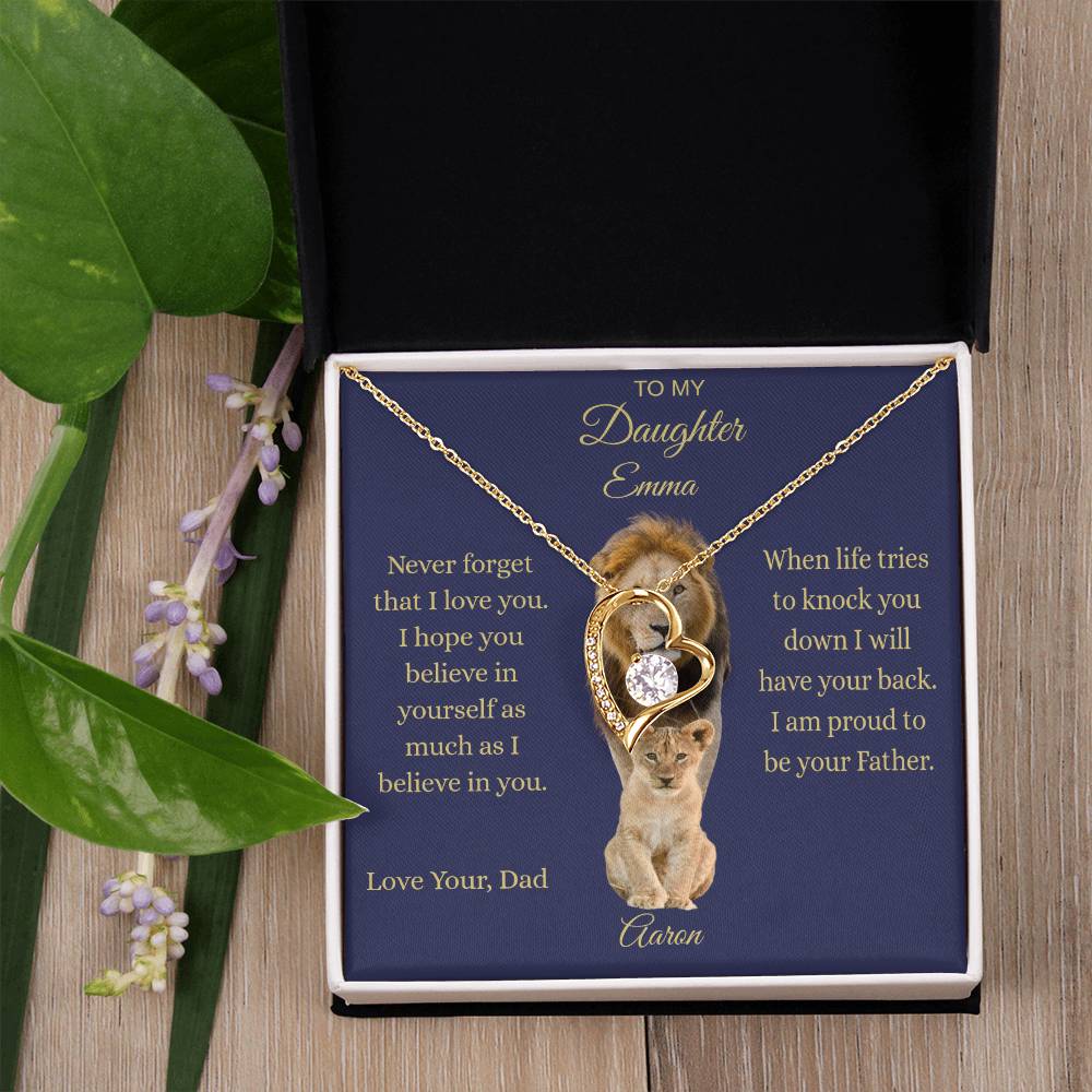 Personalized To My Daughter Lion Necklace | Custom Name Father Daughter Gift | Interlocking Hearts from Dad