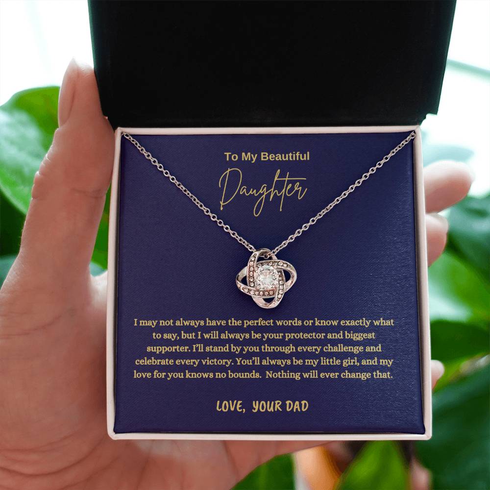To My Beautiful Daughter Love Knot Necklace | Father Daughter Gift from Dad | "I'll Always Be Your Protector" Message Card