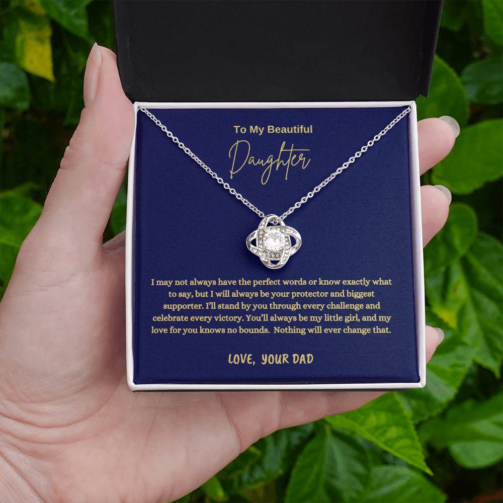 To My Beautiful Daughter Love Knot Necklace | Father Daughter Gift from Dad | "I'll Always Be Your Protector" Message Card