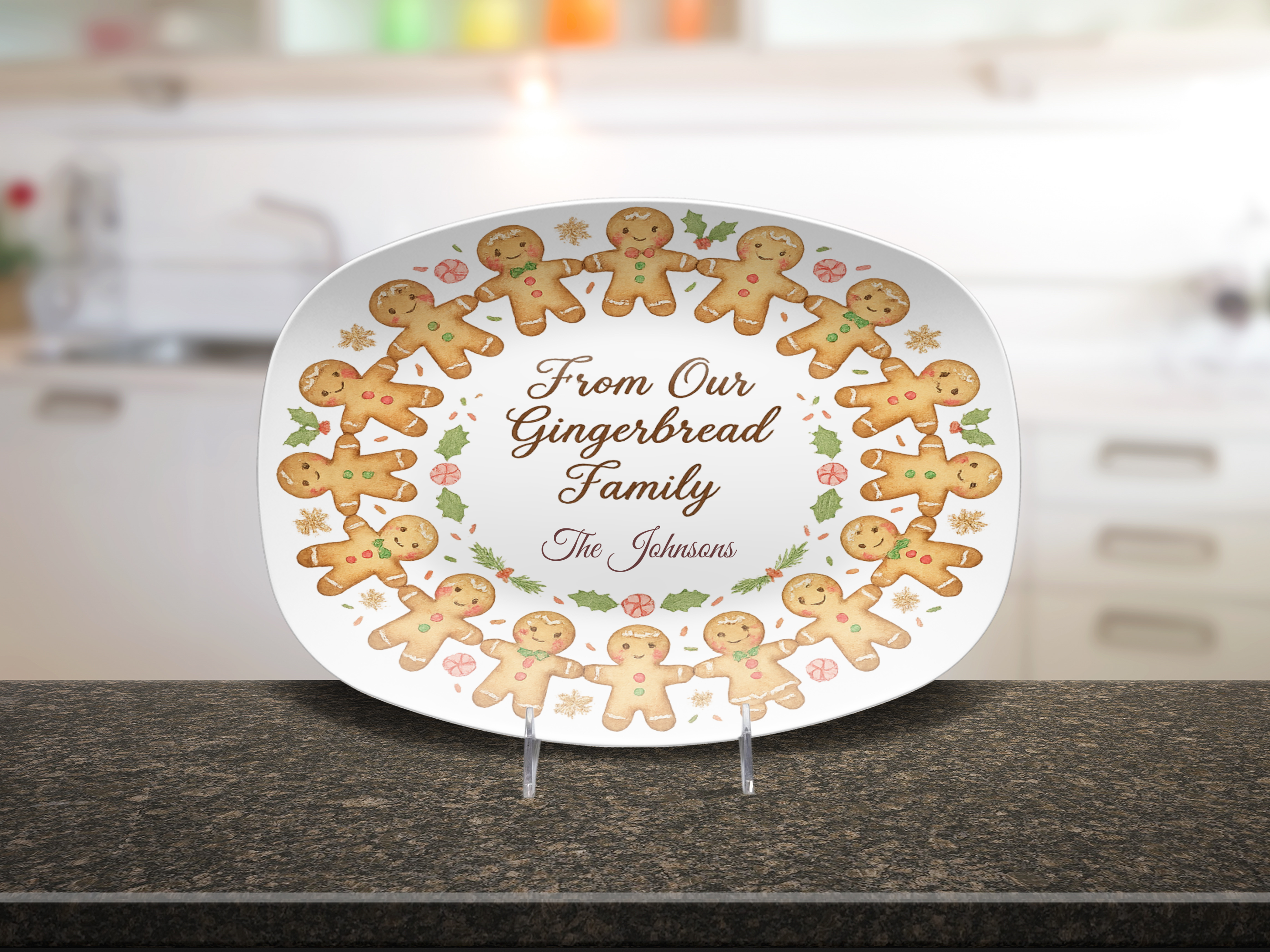 Personalized Gingerbread Family Plate, Unbreakable Holiday Dinnerware, Christmas Home Decor Gift, Durable Keepsake Dish, Family Name Plate