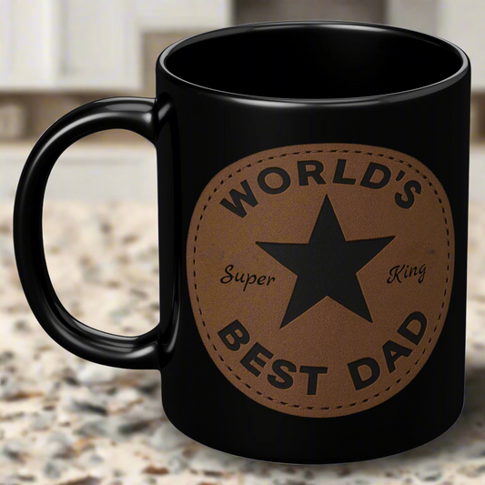 “WORLD’S BEST DAD” -Personalized Leather -Patch Coffee Cup (11 oz, Black Ceramic)