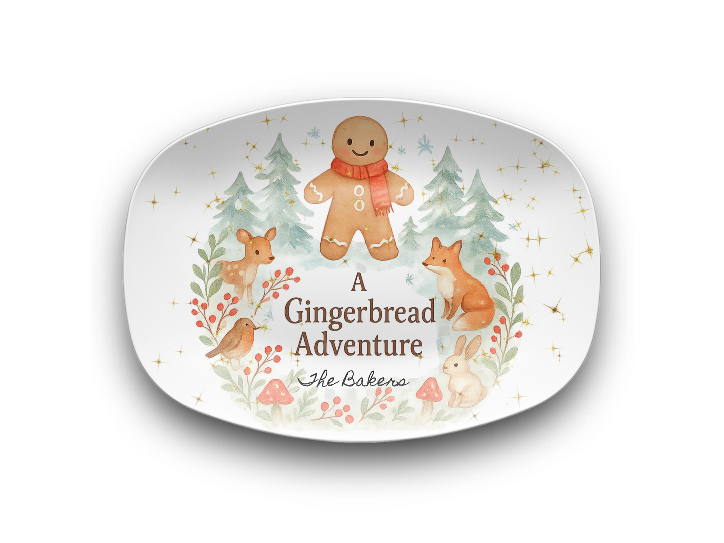 Personalized Gingerbread Platter & Plate, Christmas Serving Tray, Woodland Animals Cookie Dish, Holiday Gift for Families