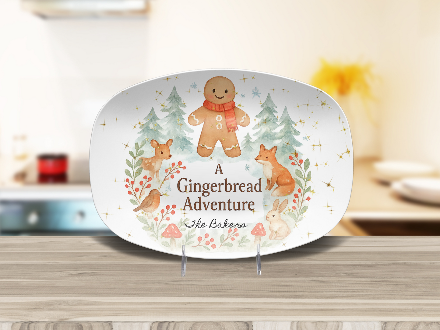 Personalized Gingerbread Platter & Plate, Christmas Serving Tray, Woodland Animals Cookie Dish, Holiday Gift for Families