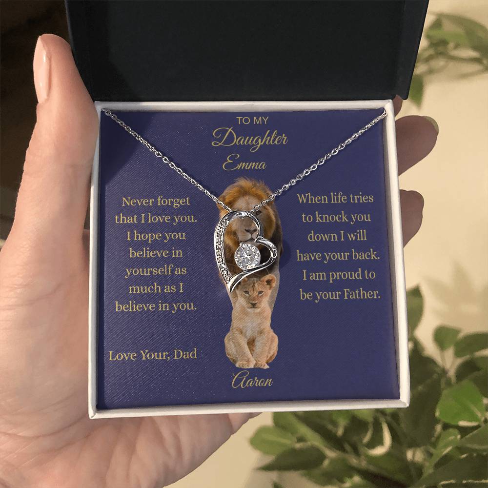 Personalized To My Daughter Lion Necklace | Custom Name Father Daughter Gift | Interlocking Hearts from Dad