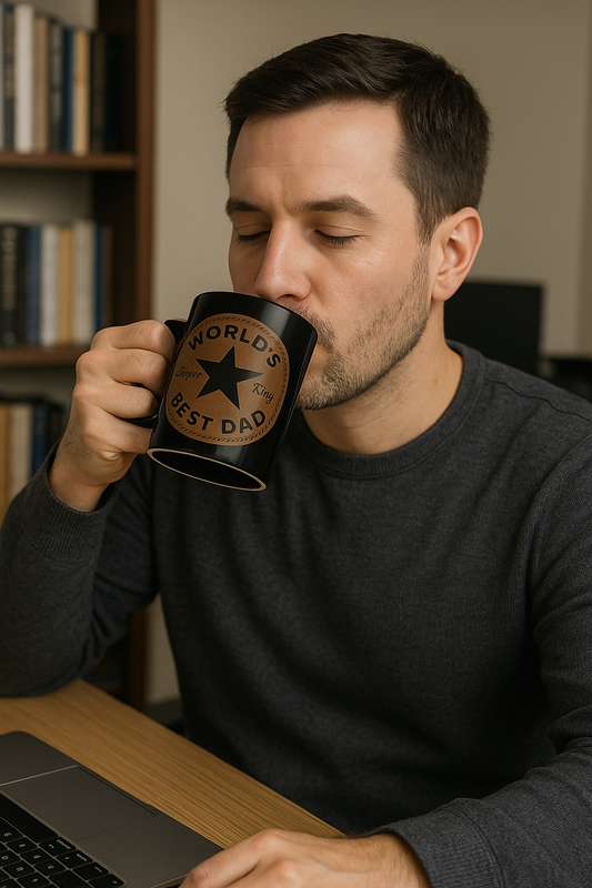“WORLD’S BEST DAD” -Personalized Leather -Patch Coffee Cup (11 oz, Black Ceramic)