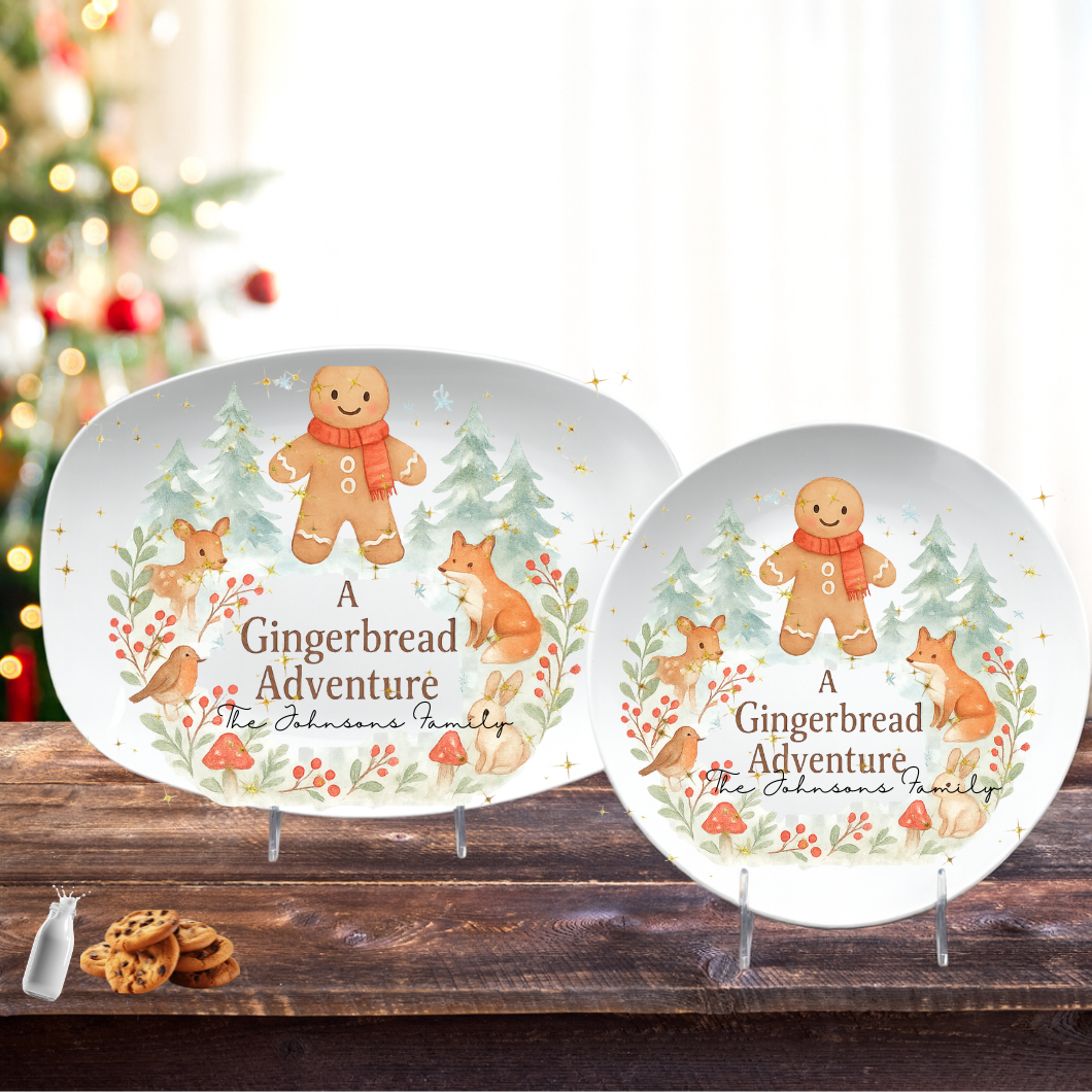 Personalized Gingerbread Platter & Plate, Christmas Serving Tray, Woodland Animals Cookie Dish, Holiday Gift for Families