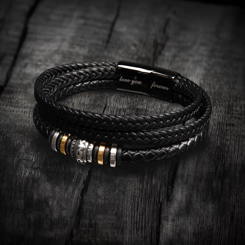 To My Son Bracelet Gift From Mom or Dad — Men's Leather Braided Bracelet with Heartfelt Message Card + LED Gift Box | Birthday, Graduation, Christmas Gift