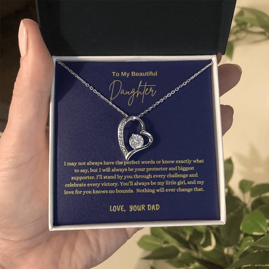 To My Daughter Forever Love Necklace | 14k White Gold Interlocking Hearts 6.5mm CZ | Meaningful Father Daughter Gift with Message Card