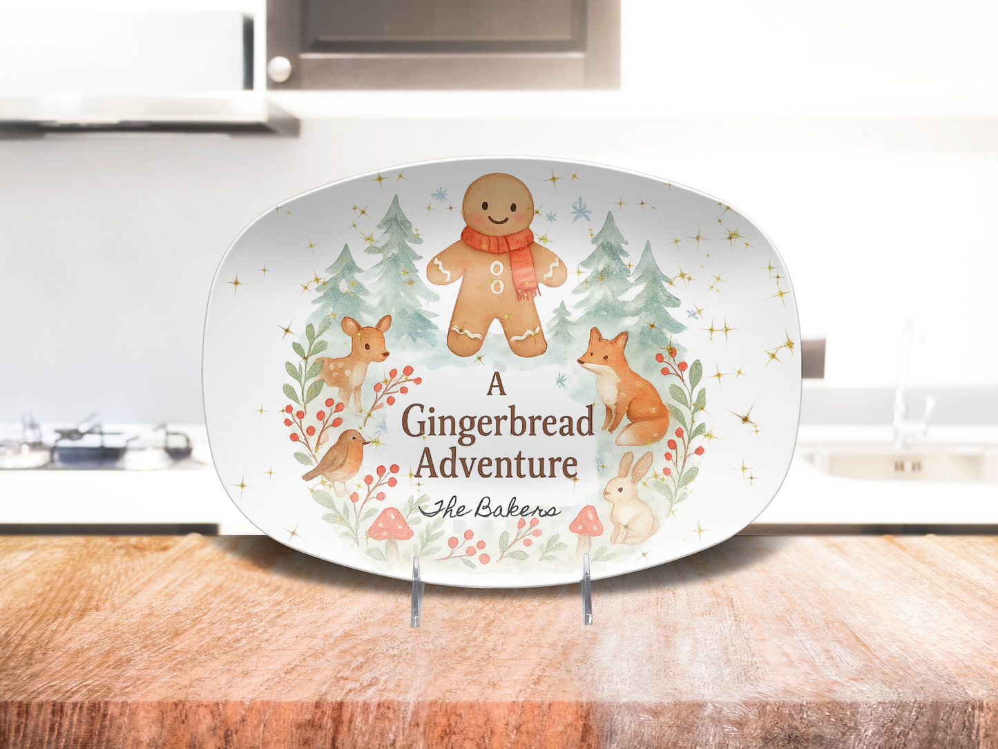 Personalized Gingerbread Platter & Plate, Christmas Serving Tray, Woodland Animals Cookie Dish, Holiday Gift for Families